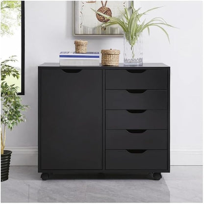 5-Drawer Wood Drawer Cabinet, Office Storage Cabinet with Adjustable Shelf & Wheels, Printer Stand for Home Office, Black, 15.7" D x 30.7" W x 25.4" H
