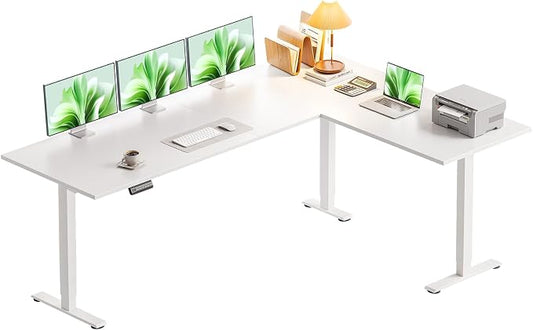 Casaottima 71 Inch Reversible Electric L Shaped Standing Desk, Height Adjustable Corner Stand up Desk, Ergonomic Large Lift Table for Home, Office, Workstation, Reception Room, White