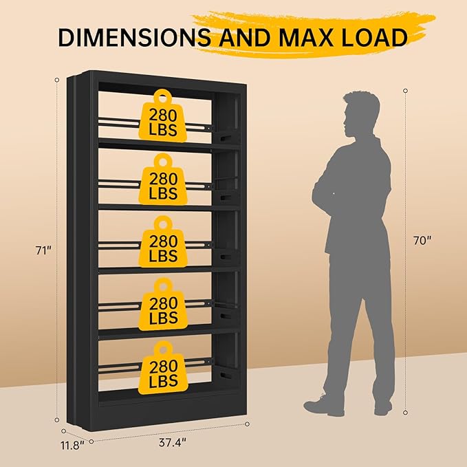 71"H Metal Bookshelf, 5 Tier Bookcase with Adjustable Shelves, Tall Bookcase,Heavy Duty Storage Bookshelves for Library, Office, Bedroom, Living Room, Classroom, Including Book Stopper (Black) | Bookcase