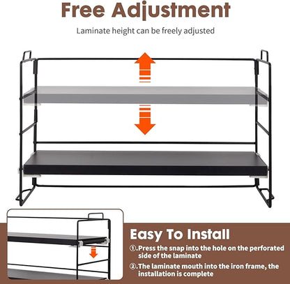 PowerKing Desk Shelf Organizer, 3-Tier Desktop Shelves with Wood Board, Adjustable Bookshelf Storage Rack for Home Office School Study Room (Black Frame + Black Wood)