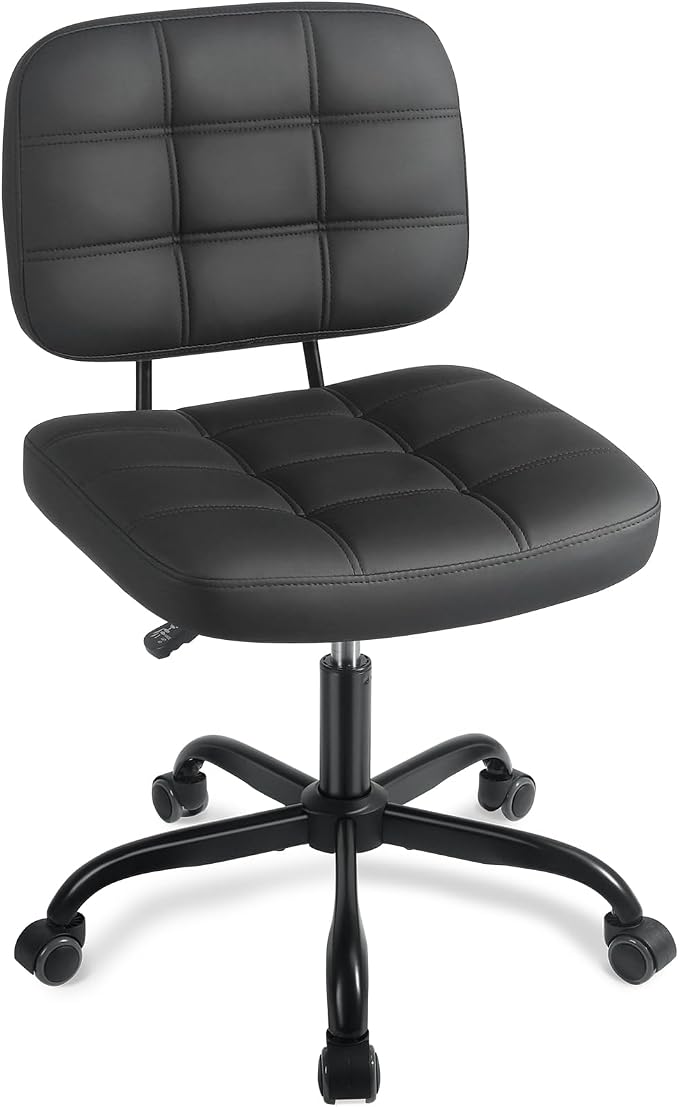Armless Home Office Desk Chair - Small Swivel Office Desk Chairs with Rolling Wheels - Height Adjustable PU Leather Computer Chair with Comfy Low Back - For Small Space, Bedroom, Home, Vanity - Black