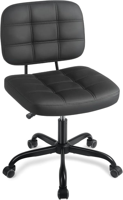 Armless Home Office Desk Chair - Small Swivel Office Desk Chairs with Rolling Wheels - Height Adjustable PU Leather Computer Chair with Comfy Low Back - For Small Space, Bedroom, Home, Vanity - Black