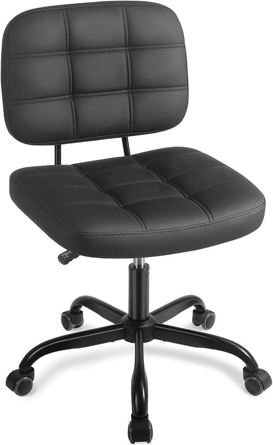 Armless Home Office Desk Chair - Small Swivel Office Desk Chairs with Rolling Wheels - Height Adjustable PU Leather Computer Chair with Comfy Low Back - For Small Space, Bedroom, Home, Vanity - Black