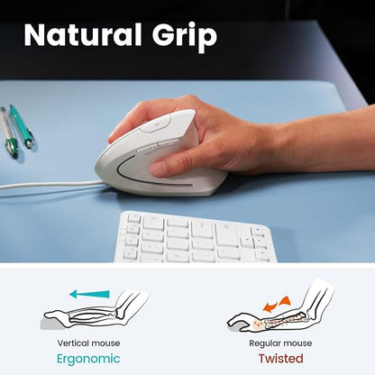 Perixx PERIMICE-513W Wired Ergonomic USB Mouse - 6 Buttons with 1000/1600 DPI - Vertical Right-Handed Design - White (Pack of 2)