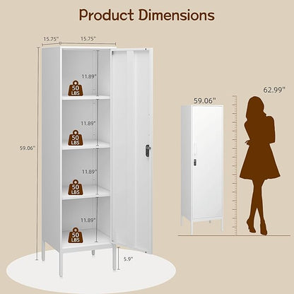 Metal Storage Cabinet 59" H Locker Storage Cabinet with Door and Adjustable Shelves for Home Office School Gym Garage Pantry (White)