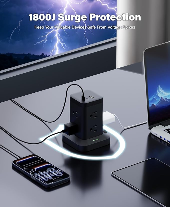 Power Strip Tower with Surge Protector 1800J, Fast Charging Tower PD20W USB-C Ports with 8 AC Outlets, 10ft Extension Cord for Home Office Dorm Room, Black
