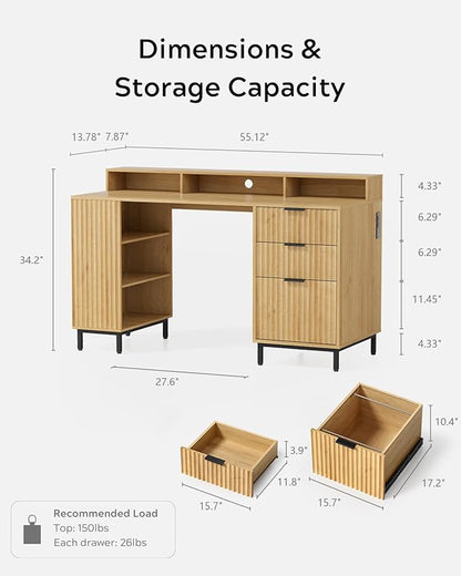 EYYTHUNG Fluted Executive Desk with Charging Station, 55" Modern Wood Office Desk with Monitor Stand & File Drawer, Home Writing Study Computer Table for Work Study, Natural Oak