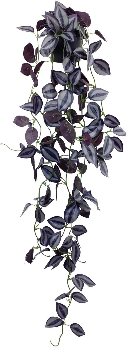 LOYWREE Small Fake Hanging Purple Eyebrow Leaf Plant Artificial Potted Plants Indoor 39-in Long Faux Dark Black Vine Plant with Pot for Shelf Home Office and Outdoor Garden Decor (Black Pot)