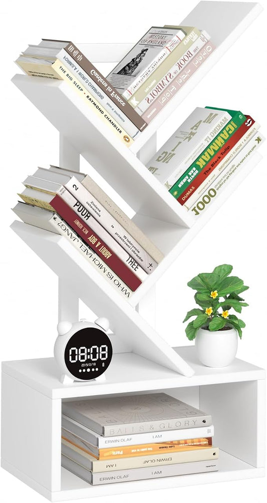 SHEEPAM Small Tree Book Shelf,5 Tier Black Tree Bookshelf,White Desktop Bookcase,Modern Desk Display Storage Bookshelves,Floor Standing Organizer Bookcases for Living Room,Bedroom,Office