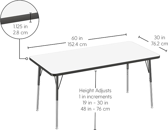 FDP Dry-Erase Rectangle Activity School and Office Table (30 x 60 inch), Standard Legs with Swivel Glides, Adjustable Height 19-30 inches; Quick Ship Single Box - Whiteboard Top and Black Edge