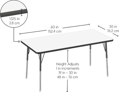 FDP Dry-Erase Rectangle Activity School and Office Table (30 x 60 inch), Standard Legs with Swivel Glides, Adjustable Height 19-30 inches; Quick Ship Single Box - Whiteboard Top and Black Edge