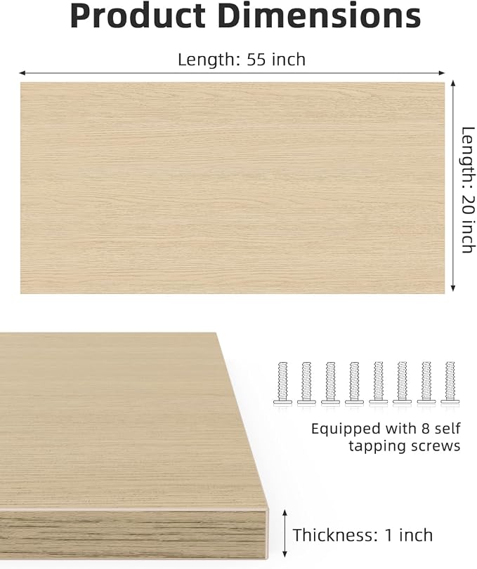 Universal 55 x 20 One-Piece Solid Wood Table Top, 1" Thick Desktop for Stand Up Height Adjustable Desk Frames, Home Office Tabletop, Countertop DIY