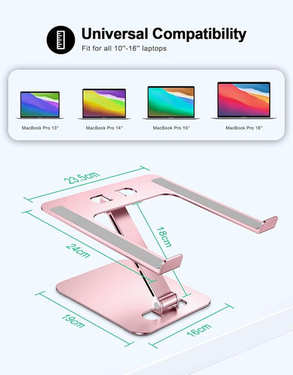 RIWUCT Foldable Aluminum Alloy Laptop Stand for Desk, Height Adjustable Ergonomic Computer Stand, Portable Laptop Riser Holder Printer Stand Compatible with MacBook Pro Air/HP/Dell 10-16", Pink