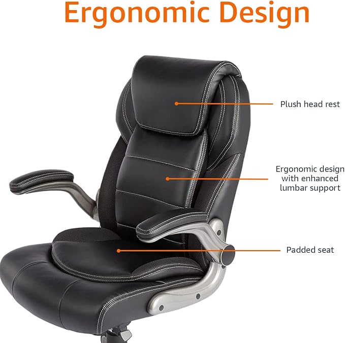 Amazon Basics Ergonomic High-Back Office Chair with Flip-Up Arms, Adjustable Lumbar Support, Height Adjustable, 29.5"D x 27.5"W x 44.75"H, Black