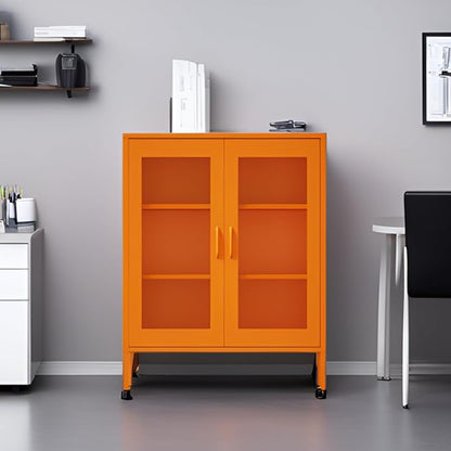 Washsemba Metal Storage Cabinet with Mesh Doors,Steel Display Cabinet with Adjustable Shelves,Metal Office Storage Locker for Home Office,Garage (Orange, 40''H)