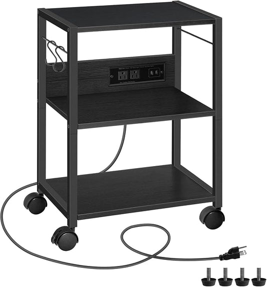 MAHANCRIS Industrial Printer Cart, 3-Tier Mobile Printer Stand, Rolling Cart with Power Outlets and USB Ports, Home Printer Stand with 2 Hooks, for Office, Living Room, Black PTHB40E01