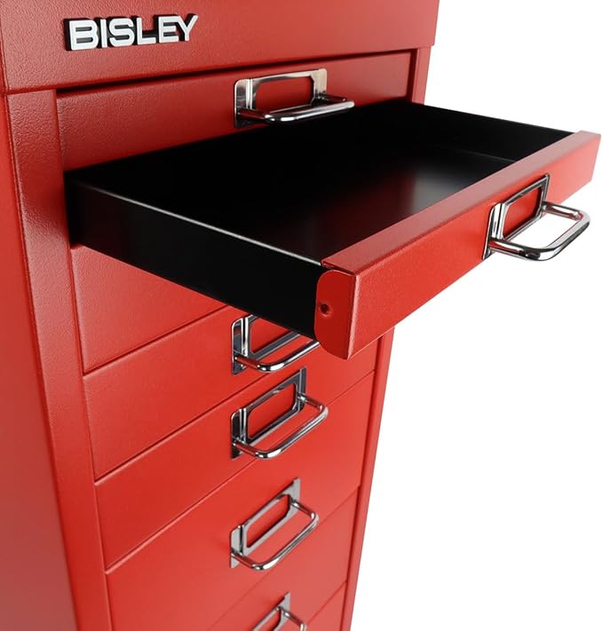 Bisley 8-Drawer Steel MultiDrawer Cabinet - Cardinal Red | Chrome Pull Handles with Label Holders, Powder-Coated Steel, Removable Drawers, Fits Under Most Desks, Labels Included