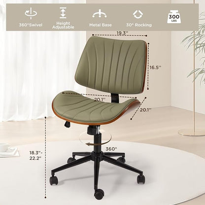 EROMMY Armless Office Desk Chair,Wooden Back Small Office Desk Chair No Arms Adjustable Height Modern Armless Chairs with Swivel Wheels for Small Spaces,Green
