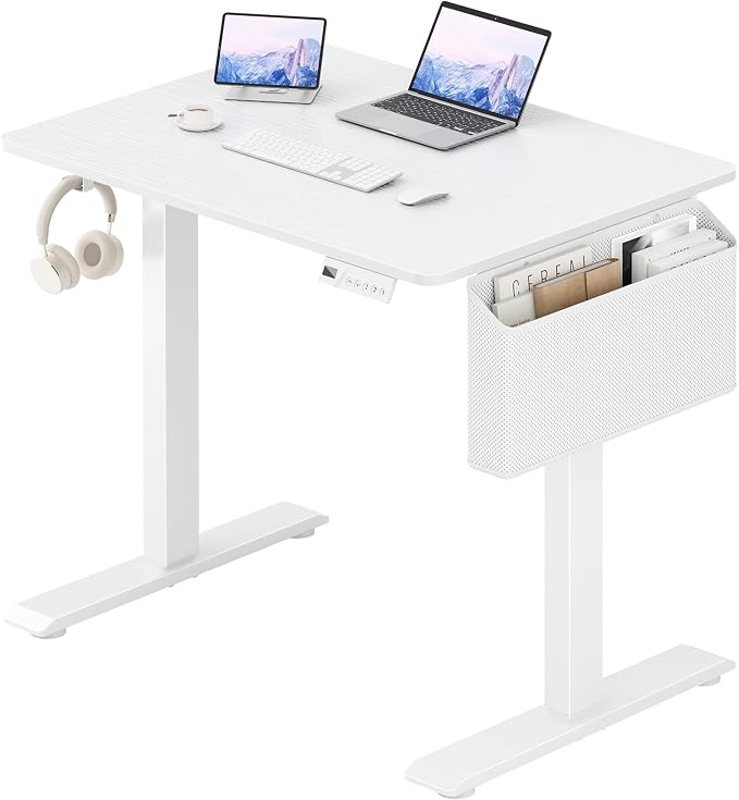 KLUVIS White Electric Standing Desk - 32 Inch Small Adjustable Height Stand up Desk for Writing Study Work, Mini Sit to Stand Desks Workstation for Small Space Adult Boys Girls Bedroom Home Office