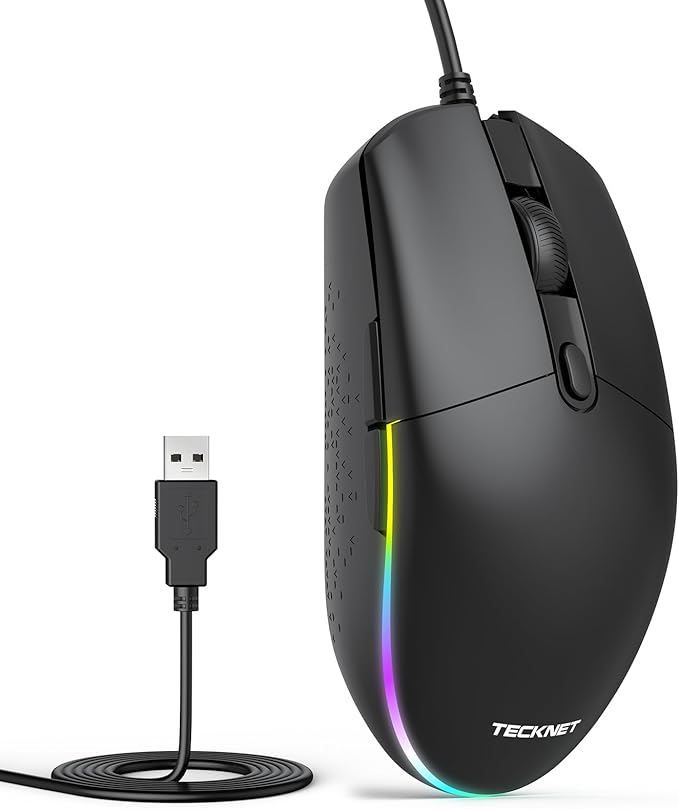 TECKNET Wired Mouse - USB Corded Mouse with RGB Backlit Full Size Optical Silent Mouse with Side Buttons,LED Plug and Play Wired Connection Office Mice for Desktop,PC,Laptop