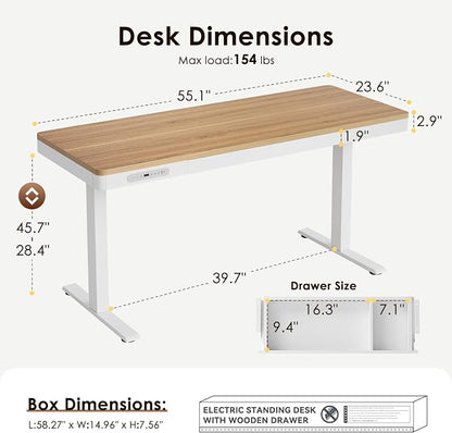 OffiGo 55 Inch Electric Standing Desk, Height Adjustable Table with Storage, Sit Stand Desk with Charging Station for Home Office, Computer Workstation, Maple+White