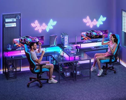ODK 66" L Shaped Gaming Desk with Power Outlet and LED Lights, PC Gaming Table with Carbon Fiber Texture, Reversible L Shape Desk with Storage Shelves & Monitor Stand, Home Office Desk, Black