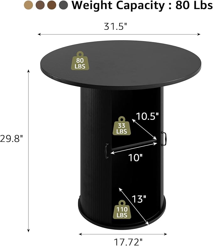 31.5 inch Round Dining Table for 2, Small Dinner Table with 2-Layer Storage Shelf, Morden Circle Kitchen Table with Wood Strip Base and Slide Door for Home Dining Room, Living Room, Black