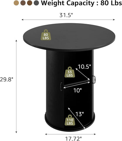 31.5 inch Round Dining Table for 2, Small Dinner Table with 2-Layer Storage Shelf, Morden Circle Kitchen Table with Wood Strip Base and Slide Door for Home Dining Room, Living Room, Black