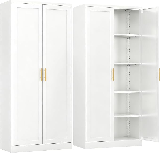 71" H Kitchen Storage Cabinet with 4 Adjustable Shelves, Metal Pantry Cabinet, Pantry Organizers and Storage Cabinet for Kitchen, Bathroom, Living Room (White)