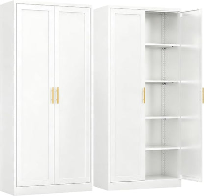 71" H Kitchen Storage Cabinet with 4 Adjustable Shelves, Metal Pantry Cabinet, Pantry Organizers and Storage Cabinet for Kitchen, Bathroom, Living Room (White)