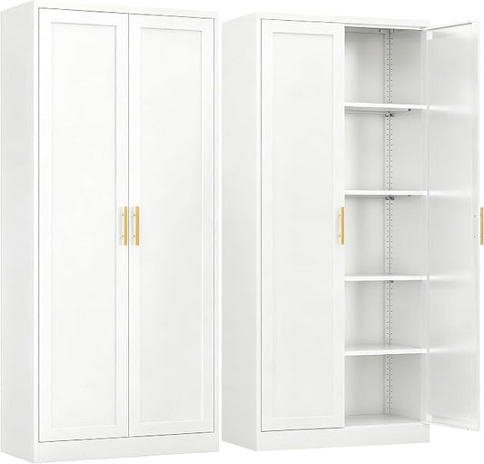 71" H Kitchen Storage Cabinet with 4 Adjustable Shelves, Metal Pantry Cabinet, Pantry Organizers and Storage Cabinet for Kitchen, Bathroom, Living Room (White)