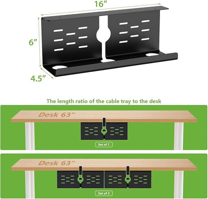 KEEGH 16'' Under Desk Cable Management Tray, No Drill Clamp Mount, Sturdy Metal Cable Tray for Power Strip, Cord Management Tray for Home Office, Gaming Desk, Standing Desk, Black, 1 Pack