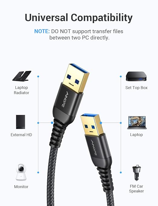 AINOPE USB to USB Cable, 3.3FT*2Pack USB 3.0 A to A Male to Male Cable [Never Rupture] Double End Type A Cord for Data Transfer, Compatible with Hard Drive Enclosures, Laptop Cooler, KVM, DVD Player
