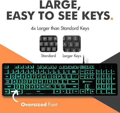 X9 Wired Keyboard and Mouse Combo - Large Print Backlit Keyboard and Mouse for Elderly, Low Vision, Visually Impaired - 7 LED Light Up Color, Lighted Large Letters for Laptop PC Computer USB