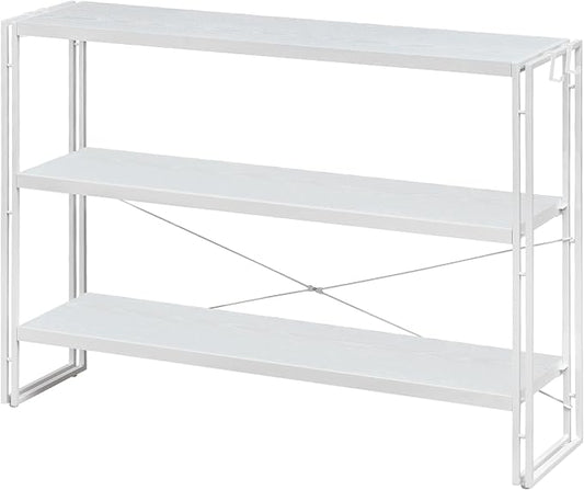 HCHQHS Bookshelf, 3-Tier Industrial Bookcase, White Open Book Shelf, Freestanding Horizontal Bookshelves with Metal Frame