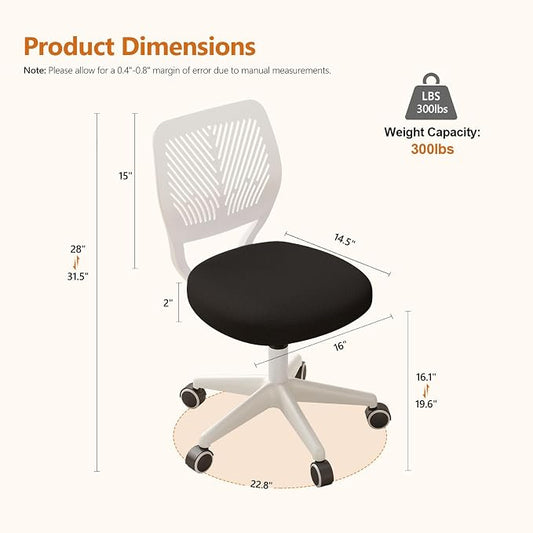 Armless Desk Chair Swivel Office Rolling Chair with Soft Padded Cushion, Height Adjustable Small Task Chair, Ergonomic Study Computer Chair for Kids Girls Boys Teens (Black White, 4PCS)