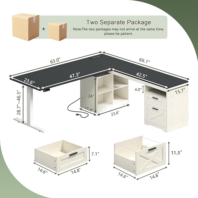 YOMILUVE Farmhouse L Shaped Standing Desk, 66 inch Corner Electric Standing Desk with Drawers ＆ Storage Shelves, Height Adjustable Computer Desk with Power Outlets for Home Office (Black and White)