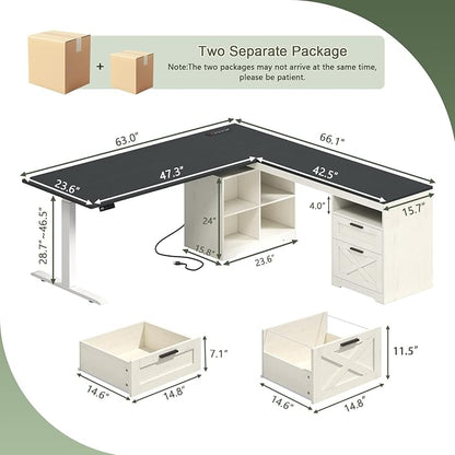 YOMILUVE Farmhouse L Shaped Standing Desk, 66 inch Corner Electric Standing Desk with Drawers ＆ Storage Shelves, Height Adjustable Computer Desk with Power Outlets for Home Office (Black and White)