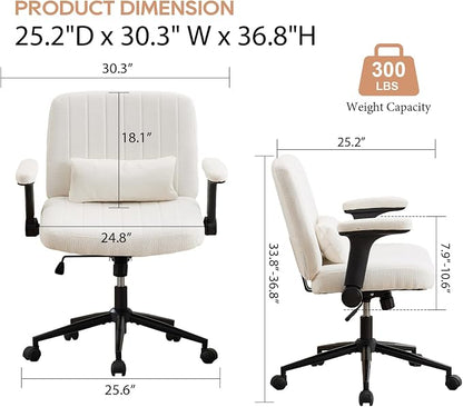 IPKIG Criss Cross Chair with Adjustable Flip-up Arms, Vanity Chair with Wheels, Comfy Desk Chair with Lumbar Pillow Swivel Wide Office Chair for Home Office, Bedroom, Chenille, Beige