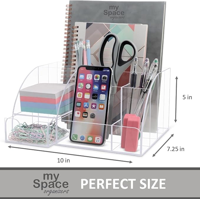 My Space Organizers Clear Acrylic Desk Oganizer, 9 Compartments, Office Supplies and Desk Accessories Organizer, Home Decor Desktop Organizer (Clear)