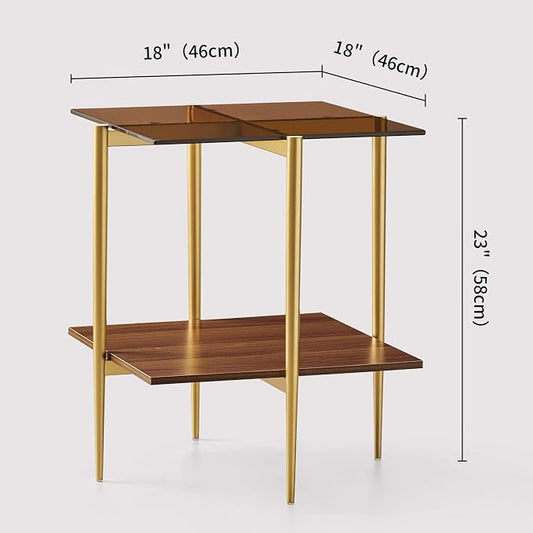 LumFurn Glass End Table, Mid-Century Modern Design Sofa Table, L18 x W18 x H23, for Living Room, 2-Tier Structure, Amber Glass Top and Walnut MDF Shelf, Sleek Conical Metal Legs with Gold Finish Frame