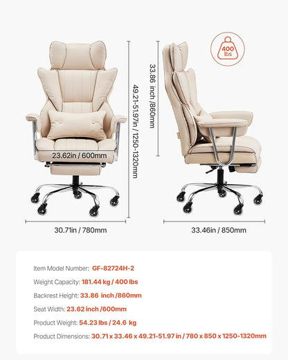VEVOR Executive Office Chair with Footrest, 400lb Capacity Oversize Office Chair with Lumbar Pillow & Removable Armrests, Heavy Duty Ergonomic Chair, PU Leather Reclining Home Office Desk Chair, Brown