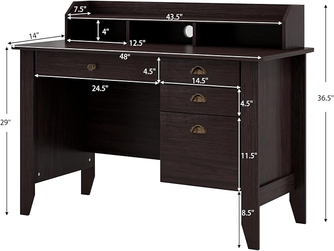 48" Computer Desk with 4 Storage Drawers and Hutch Wood Executive Table for PC Laptop