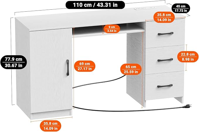 53 Inch Large Computer Desk, Office Desk with Power Outlets & USB Charging Port, Study Writing Table with Three Storage Drawers and one wooden Door, Laptop PC Desk for Bedroom, Study Room, Office