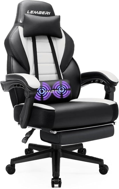 LEMBERI Big and Tall Gaming Chair 400lb Capacity, Heavy-Duty Office Chair with Reinforced Footrest, Wide Seat High Back PC Desk Chair with Linkage Armrests, Thickened Steel Frame, PU Leather, White