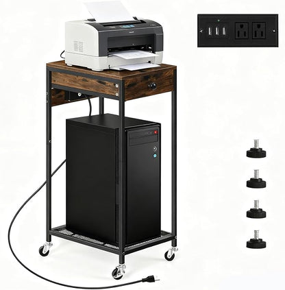 Vrisa Home Printer Stand with Storage Drawer Printer Table Desk with Charging Station Small Printer Cart Holder with Wheels for Home Office Computer PC Tower Label Shredder Stands, Rustic Brown