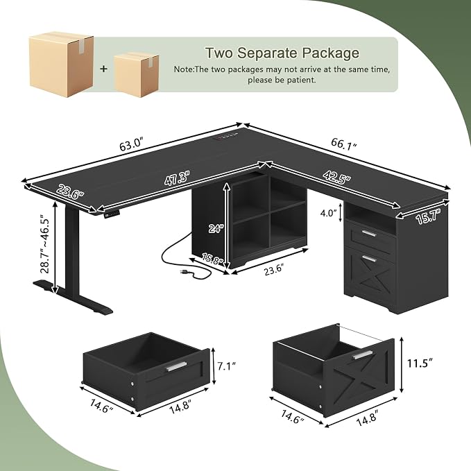 YOMILUVE Farmhouse L Shaped Standing Desk, 66 inch Corner Electric Standing Desk with Drawers ＆ Storage Shelves, Height Adjustable Computer Desk with Power Outlets for Home Office (Black)