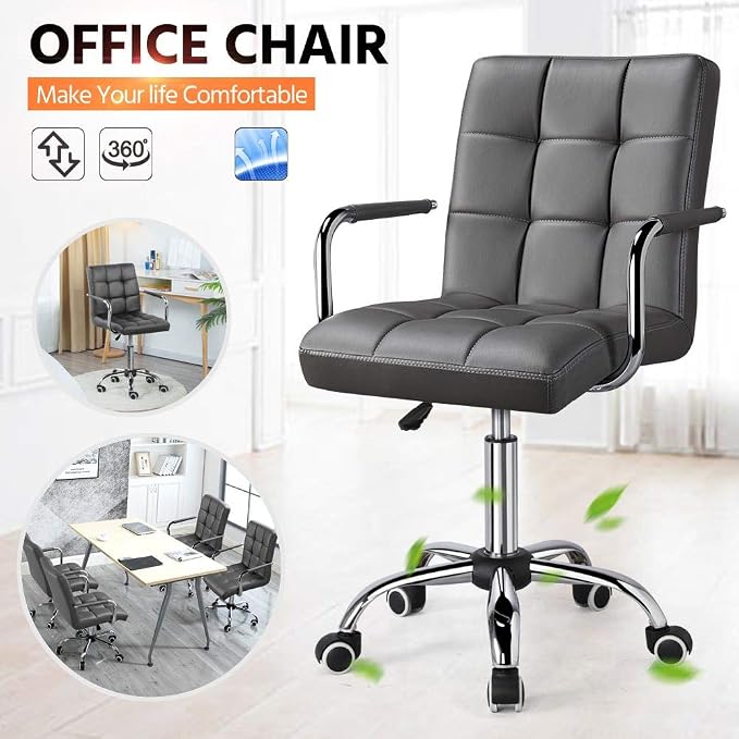 Topeakmart PU Leather Ergonomic Office Chair with Armrests, 360° Swivel Large Seat Stylish Desk Chair Heavy Duty Base Gaslift Cylinder Task Chair on Wheels, Grey
