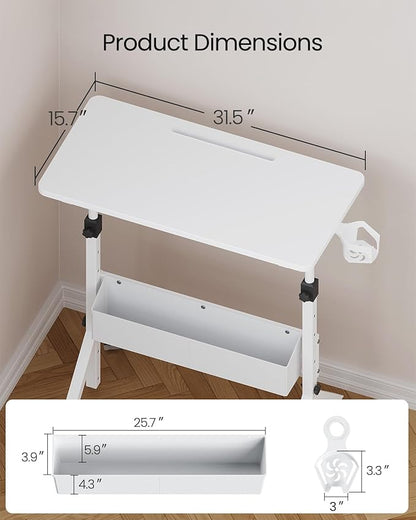 ErGear Mobile Standing Desk with Wheels, Adjustable Height 28.3″ to 46.1″, Rolling Laptop Cart with Cup Holder, Storage Basket, Computer & Pen Slot, Home Office Stand Up Desk, White (31.5″ x 15.75″)