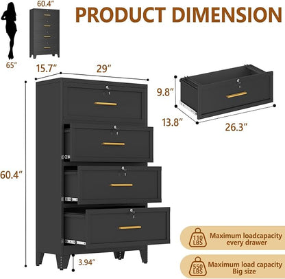 Metal Lateral File Cabinet with Lock,4 Drawer Steel Wide Filing Organization Storage Cabinets for Legal/Letter/A4/F4 Size with Hanging Files&Key,Lockable Printer Stand for Home Office, Black